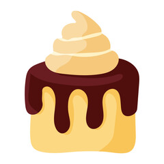 A cartoon cake with chocolate frosting and whipped cream on top. The frosting is drizzled down the sides of the cake