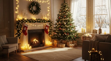 Fototapeta premium Decorated Christmas Tree and Fireplace Create a Festive Holiday Atmosphere