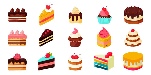 A collection of various types of cakes and cupcakes, including chocolate, vanilla, and strawberry. The cakes are decorated with frosting and cherries, and they are arranged in a row