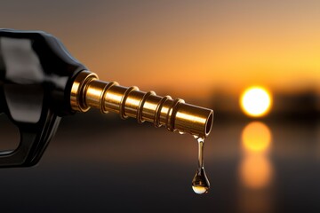 Close-up of a fuel nozzle with gasoline dripping at sunset, symbolizing energy and transport.