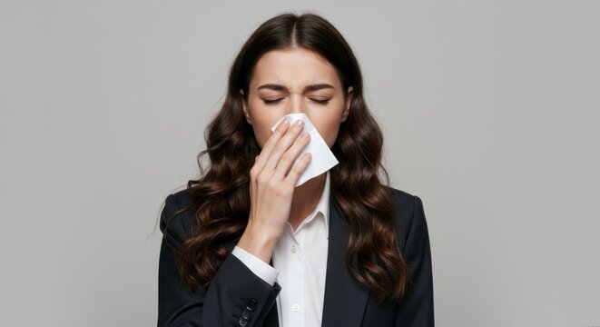 Brunette woman with a cold using a tissue to blow her nose, showcasing flu season awareness, suitable for healthcare marketing and seasonal health campaign materials.