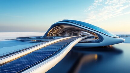 Obraz premium Futuristic architectural bridge over water, featuring solar panels, modern design, and smooth curves.