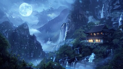 Mystical mountain temple bathed in moonlight, cascading waterfalls glow