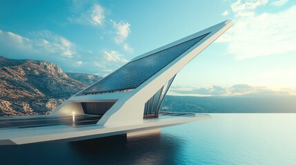 Futuristic architectural structure on water with solar panels, overlooking a serene landscape.