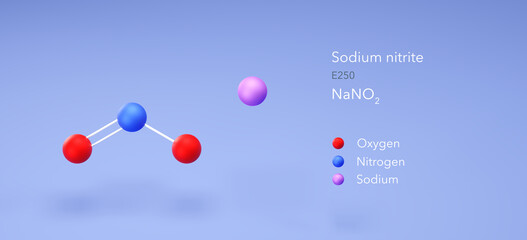 sodium nitrite molecule, molecular structure, e250 3d model, Structural Chemical Formula and Atoms with Color Coding