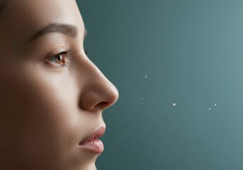Woman in profile expelling particles against a dark teal backdrop, microscopic airborne particles, sneezing, coughing, virus transmission concept for health educational info