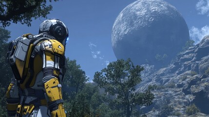 Futuristic armored figure in a forest landscape gazes at a large moon.