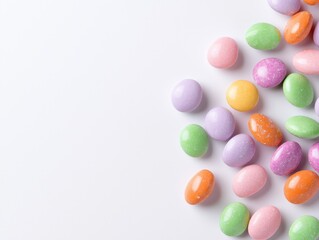 Obraz premium Colorful candy-coated chocolates arranged on a white background.