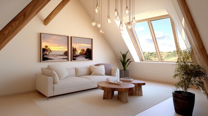 Fototapeta premium Compact rustic attic loft living room, cream walls, small linen sofa, illuminated paintings, hanging lights, panoramic sunset view