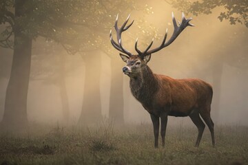 A majestic red deer stag with large antlers standing proud in a misty, atmospheric forest with rays of sunlight breaking through the fog.

