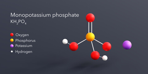 monopotassium phosphate molecule 3d rendering, flat molecular structure with chemical formula and atoms color coding