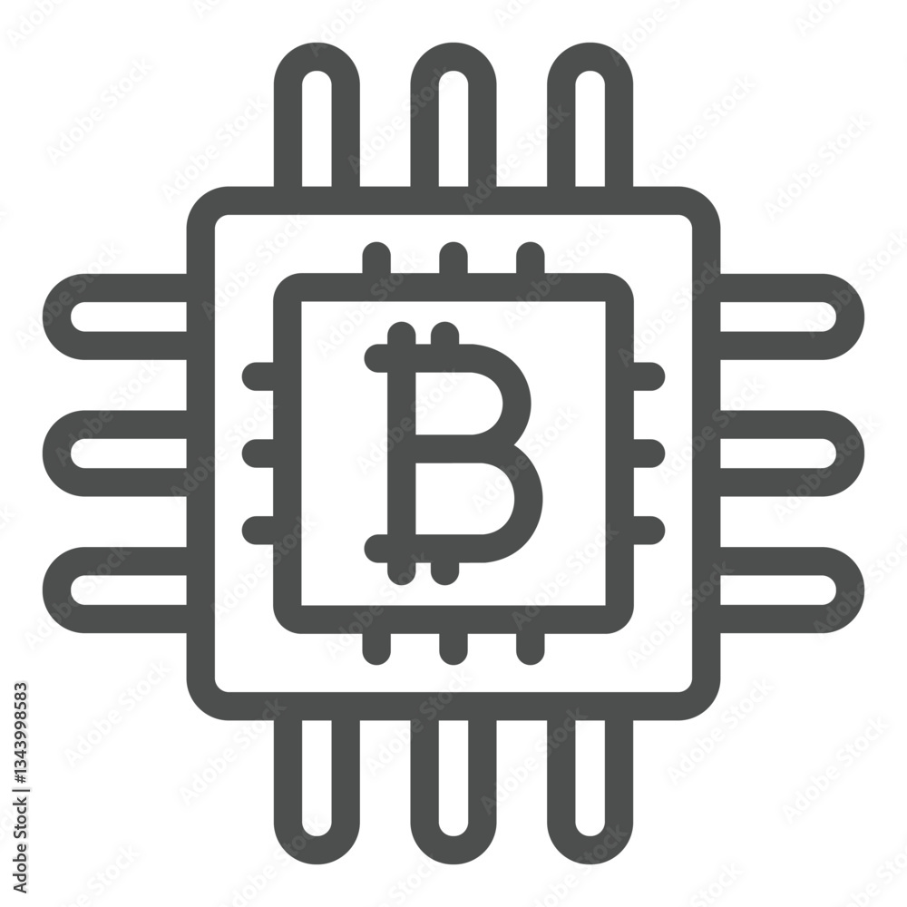 Poster bitcoin processor chip line icon, mining data concept. vector graphics. integrated circuit microchip