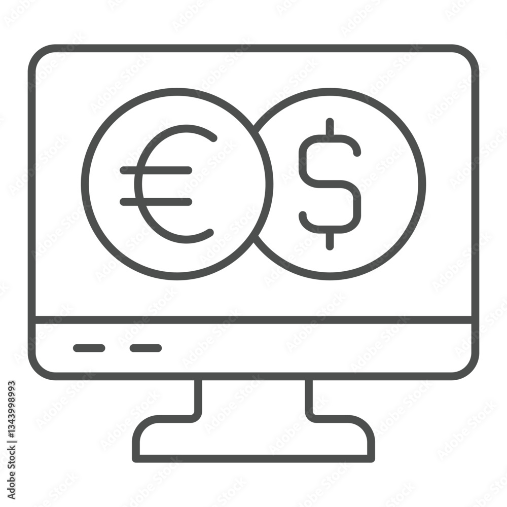 Poster monitor screen with two coins thin line icon, banking concept. vector graphics. display with dollar 
