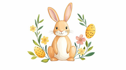Cute Easter bunny sitting amidst spring flowers and decorated eggs; perfect for greeting cards