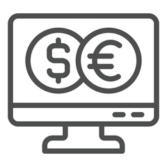 Monitor screen with two coins line icon, banking concept. Vector graphics. Display with dollar and euro sign on white background, outline style icon for mobile or web design.