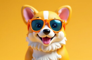 Happy corgi dog in colorful sunglasses on orange background, cute trendy character, cartoon