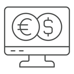 Monitor screen with two coins thin line icon, banking concept. Vector graphics. Display with dollar and euro sign on white background, outline style icon for mobile or web design.