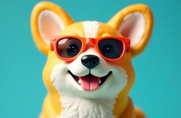Happy corgi dog in colorful sunglasses on blue background, cute trendy character, cartoon
