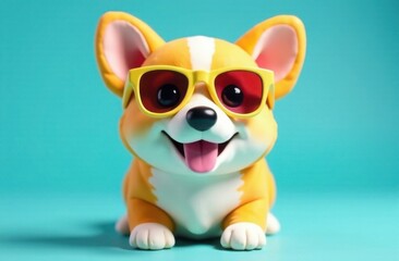 Happy corgi dog in colorful sunglasses on blue background, cute trendy character, cartoon