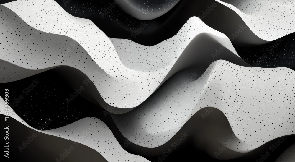 Fototapete black and white background, 3d render of abstract wavy shapes with small dots, geometric waves with 