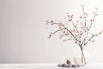 A minimalist still life featuring a slender vase filled with delicate cherry blossom branches, their pale pink petals, against the white background. Tiny pebbles sit at the bottom