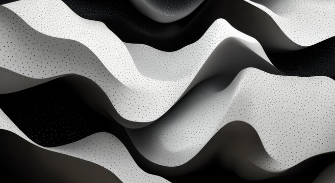 Black and white background, 3D render of abstract wavy shapes with small dots, geometric waves with gradient effect, minimalist design for an elegant presentation or branding project.