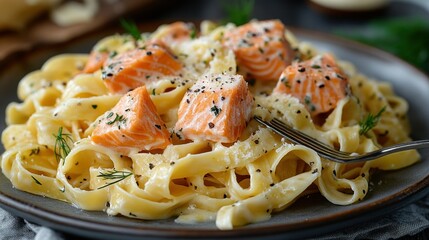 Creamy pasta with pan-seared salmon, dill, and pepper