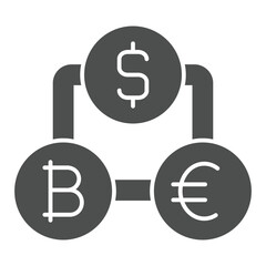 Coins chain group solid icon, finance concept. Vector graphics. Money coins with bitcoin, dollar, euro sign on white background, glyph style icon for mobile or web design.