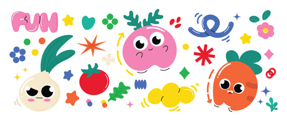 Set of funky groovy element vector. Collection of cartoon characters, cute doodle dawn, carrot, tomato, sparkle, leaf, flower. Retro hippie design for decorative, sticker, toys and kids. 