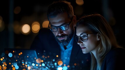 Young diverse business team analyzing digital data visualization with glowing blue holographic interface in dark office with bokeh lights at night.