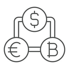 Coins chain group thin line icon, finance concept. Vector graphics. Money coins with bitcoin, dollar, euro sign on white background, outline style icon for mobile or web design.