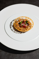 close up view of haute cuisine starter appetiser liver pate on a white plate on grey stone...