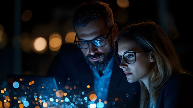 Young diverse business team analyzing digital data visualization with glowing blue holographic interface in dark office with bokeh lights at night.