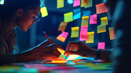 Two businesspeople are working together in the dark using colorful sticky notes to brainstorm new ideas, creating a vibrant and dynamic atmosphere