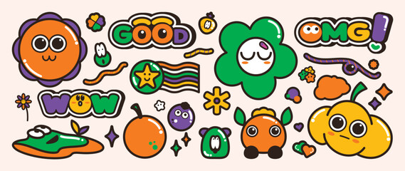 Set of groovy element vector. Collection of cartoon characters, doodle smile face, flower, cloud, orange, good, wow, sparkle. Cute retro groovy hippie design for decorative, sticker, kids.