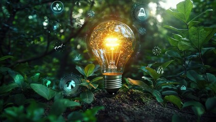 Eco-Friendly Light Bulb in Lush Forest, Renewable Energy and Sustainability Concept in Nature and Technology Fusion