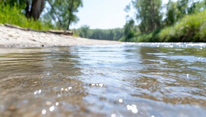 Discover the breathtaking beauty of nature with this stunning image showcasing a Sunlit river with sparkling clarity Gentle ripples distorting the vibrant reflections of the forest, creating a