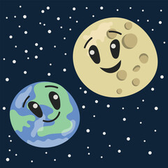 Planet Earth looking at the moon, cartoon characters. Colorful cute space planets and stars for kids