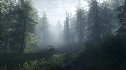 Obraz premium Sunbeams Filtering Through Misty Forest Canopy in Morning Light