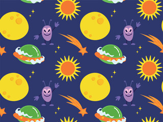 Obraz premium Colorful seamless pattern on space theme. Vector of cartoon flying saucer, cute alien, stars