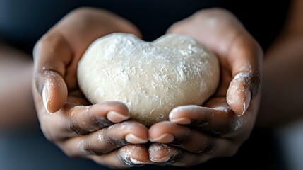 Fresh homemade bread dough shaped like heart held in African American woman hands covered with flour against dark background, selective focus on dough.
