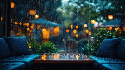 Cozy Rainy Day Ambiance: Relaxing Interior View with Rain-Streaked Window