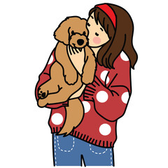Dog people holding her animal cute cartoon puppy and lady drawing vector art