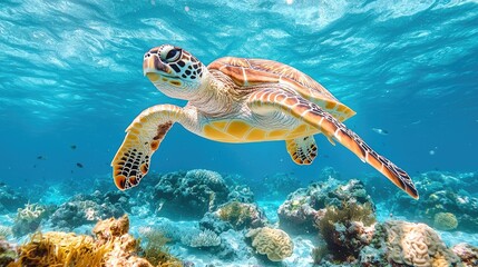 Obraz premium Graceful sea turtle swimming above vibrant coral reef in clear ocean waters