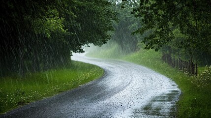 Obraz premium A countryside road nearly invisible due to the intense downpour of heavy rain.