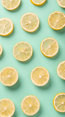 Fototapeta premium Minimalist top-down photograph of lemon slices on pastel mint background for phone wallpaper