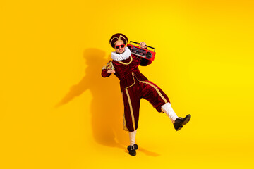 Colorful medieval nobleman with a retro boombox blending historical costume with modern style