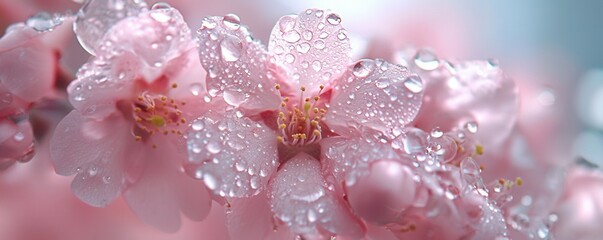 Experience the ephemeral beauty of spring with this captivating image of soft pink cherry blossoms kissed by tiny raindrops, symbolizing delicate moisture Discover nature's artistry in every