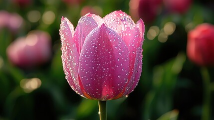 Experience the ethereal beauty of springtime with a radiant A pink tulip in soft sunlight, covered in fragrant dewdrops, symbolizing springtime freshness This captivating image showcases the delicate