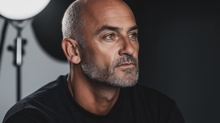 Fototapeta premium Close-up portrait of a middle-aged man with a bald head and a goatee. he is wearing a black t-shirt and is looking off to the side with a serious expression on his face.